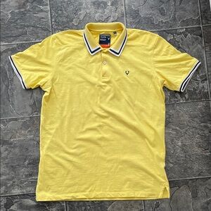 ALLEN SOLLY Men’s Yellow Preppy Resortwear Polo with Contrast Navy-White Trim